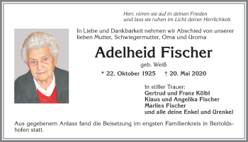 Traueranzeige von Adelheid Fischer von Allgäuer Zeitung, Marktoberdorf