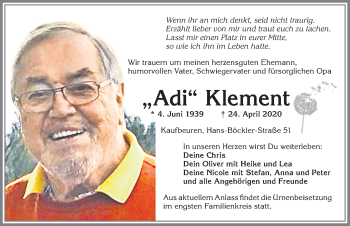 Traueranzeige von Adi Klement von Allgäuer Zeitung, Kaufbeuren/Buchloe