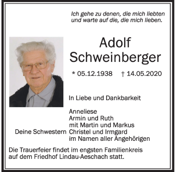 Traueranzeige von Adolf Schweinberger von Der Westallgäuer