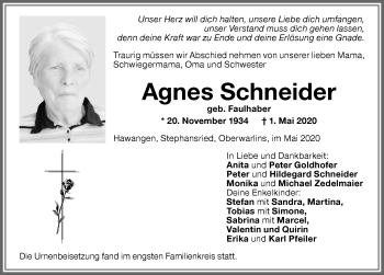 Traueranzeige von Agnes Schneider von Memminger Zeitung