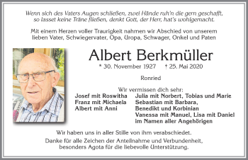 Traueranzeige von Albert Berkmüller von Allgäuer Zeitung, Marktoberdorf