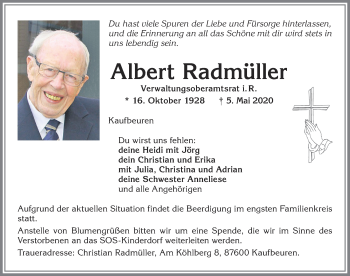 Traueranzeige von Albert Radmüller von Allgäuer Zeitung, Kaufbeuren/Buchloe