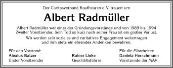 Traueranzeige von Albert Radmüller von Allgäuer Zeitung, Kaufbeuren/Buchloe