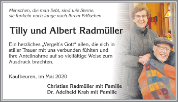 Traueranzeige von Albert Radmüller von Allgäuer Zeitung, Kaufbeuren/Buchloe