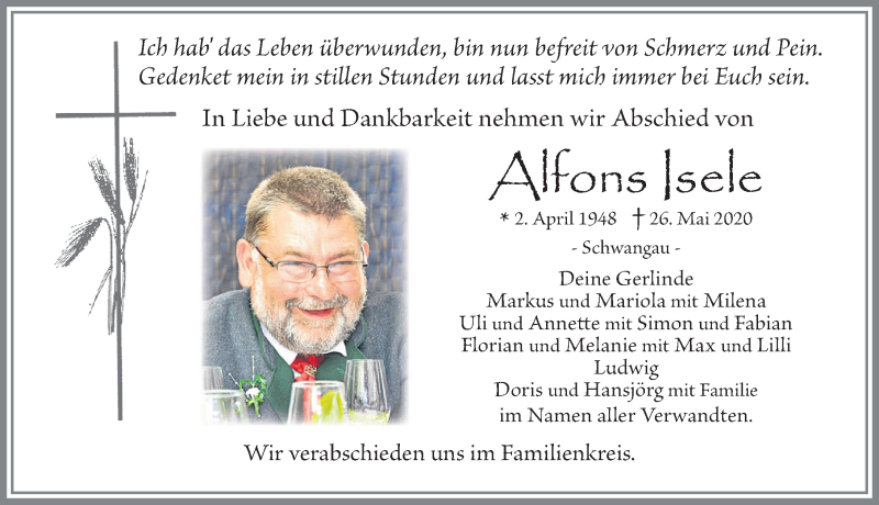  Traueranzeige für Alfons Isele vom 29.05.2020 aus Allgäuer Zeitung, Füssen