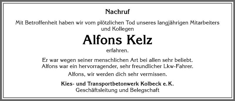  Traueranzeige für Alfons Kelz vom 16.05.2020 aus Allgäuer Zeitung,Kempten
