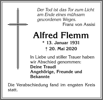 Traueranzeige von Alfred Flemm von Allgäuer Zeitung,Kempten