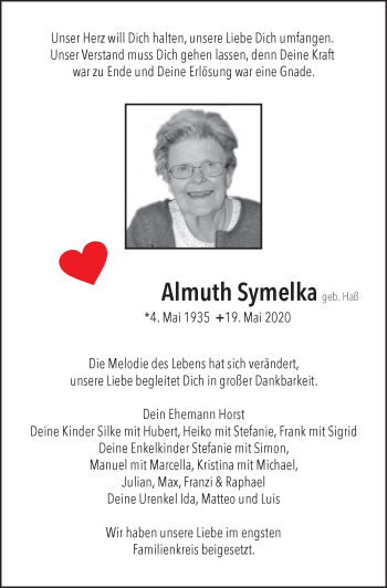 Traueranzeige von Almuth Symelka von Der Westallgäuer