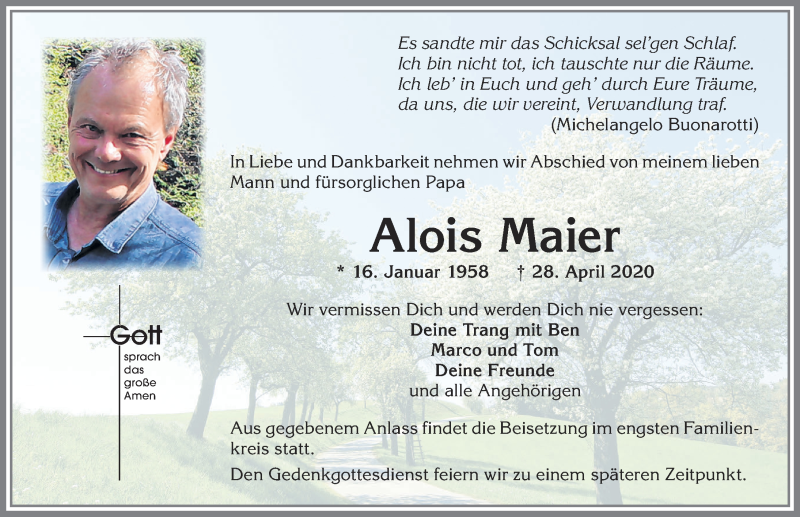  Traueranzeige für Alois Maier vom 09.05.2020 aus Allgäuer Zeitung, Marktoberdorf