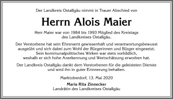 Traueranzeige von Alois Maier von Allgäuer Zeitung
