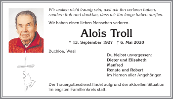 Traueranzeige von Alois Troll von Allgäuer Zeitung, Kaufbeuren/Buchloe