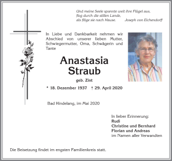 Traueranzeige von Anastasia Straub von Allgäuer Anzeigeblatt