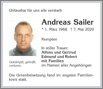Traueranzeige von Andreas Sailer von Allgäuer Zeitung,Kempten