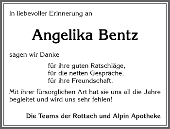 Traueranzeige von Angelika Bentz von Allgäuer Zeitung,Kempten