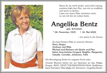 Traueranzeige von Angelika Bentz von Allgäuer Zeitung,Kempten