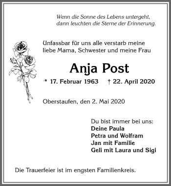 Traueranzeige von Anja Post von Allgäuer Anzeigeblatt