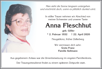 Traueranzeige von Anna Fleschhut von Allgäuer Zeitung, Kaufbeuren/Buchloe