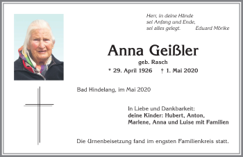 Traueranzeige von Anna Geißler von Allgäuer Zeitung