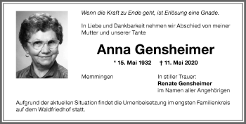 Traueranzeige von Anna Gensheimer von Memminger Zeitung