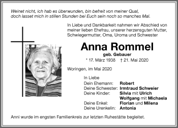 Traueranzeige von Anna Rommel von Memminger Zeitung