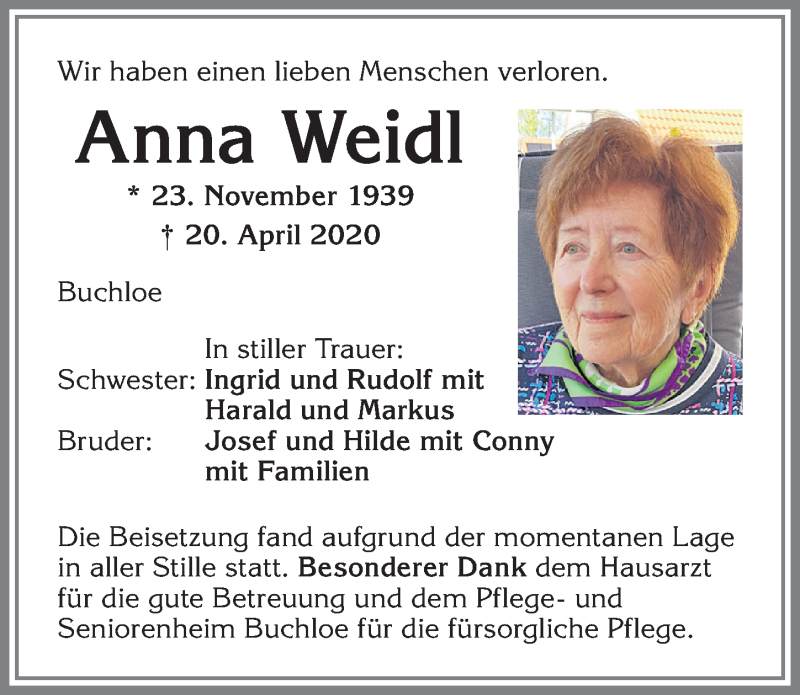  Traueranzeige für Anna Weidl vom 02.05.2020 aus Allgäuer Zeitung, Kaufbeuren/Buchloe