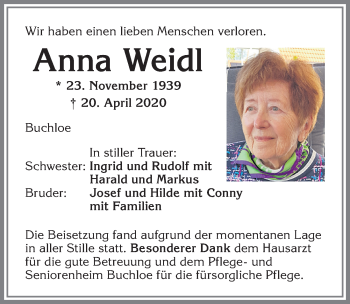 Traueranzeige von Anna Weidl von Allgäuer Zeitung, Kaufbeuren/Buchloe