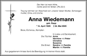 Traueranzeige von Anna Wiedemann von Memminger Zeitung
