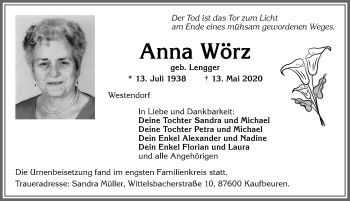 Traueranzeige von Anna Wörz von Allgäuer Zeitung, Kaufbeuren/Buchloe
