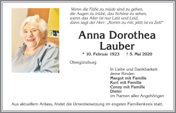 Traueranzeige von Anna Dorothea Lauber von Allgäuer Zeitung