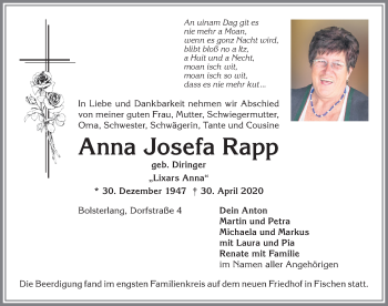 Traueranzeige von Anna Josefa Rapp von Allgäuer Anzeigeblatt
