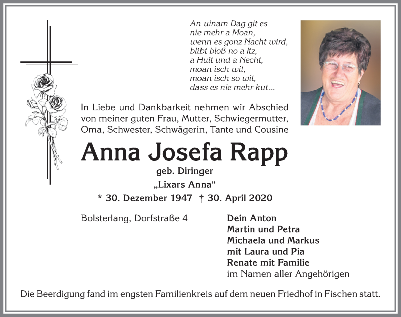  Traueranzeige für Anna Josefa Rapp vom 09.05.2020 aus Allgäuer Anzeigeblatt