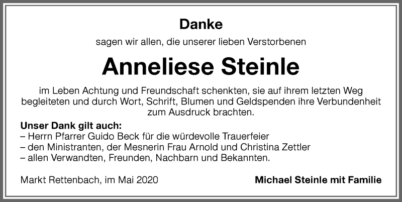  Traueranzeige für Anneliese Steinle vom 30.05.2020 aus Memminger Zeitung