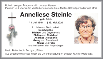 Traueranzeige von Anneliese Steinle von Memminger Zeitung