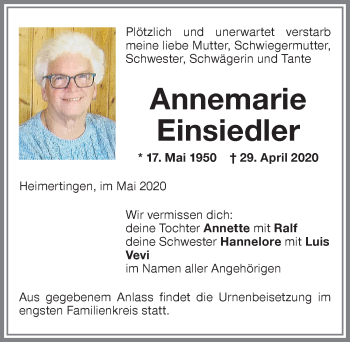 Traueranzeige von Annemarie Einsiedler von Memminger Zeitung
