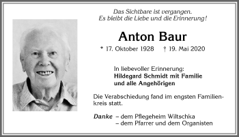 Traueranzeige von Anton Baur von Allgäuer Zeitung, Kaufbeuren/Buchloe
