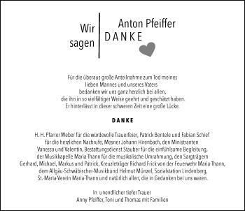 Traueranzeige von Anton Pfeiffer von Der Westallgäuer