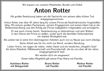 Traueranzeige von Anton Rotter von Allgäuer Zeitung,Kempten