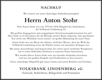 Traueranzeige von Anton Stohr von Der Westallgäuer