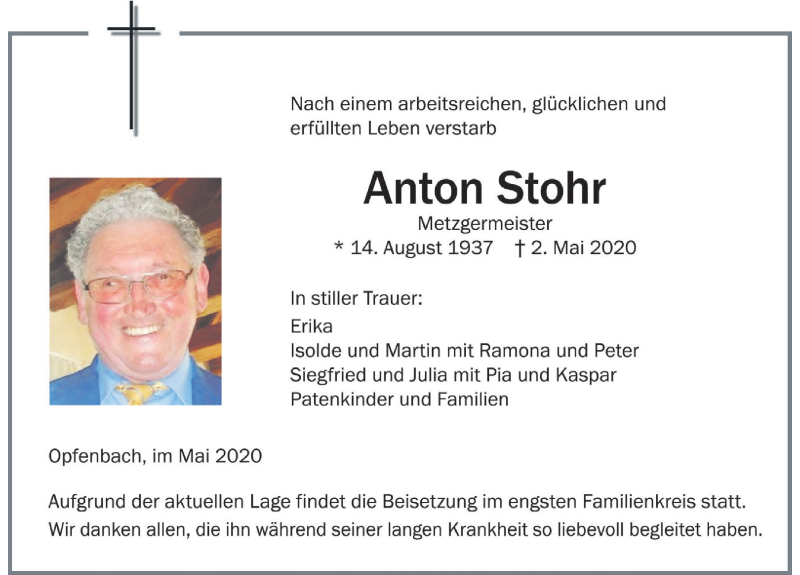  Traueranzeige für Anton Stohr vom 07.05.2020 aus Der Westallgäuer