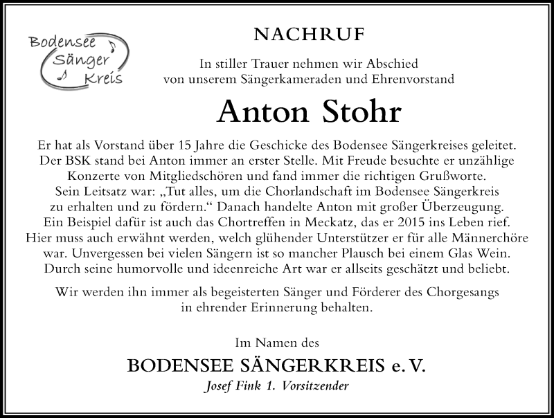  Traueranzeige für Anton Stohr vom 09.05.2020 aus Der Westallgäuer