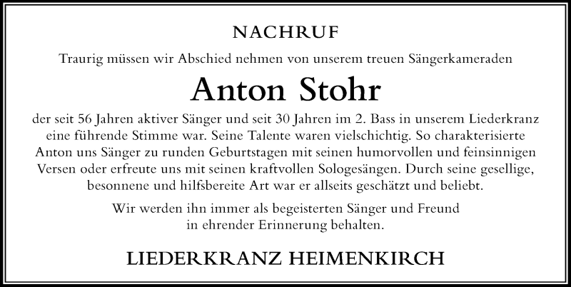  Traueranzeige für Anton Stohr vom 09.05.2020 aus Der Westallgäuer