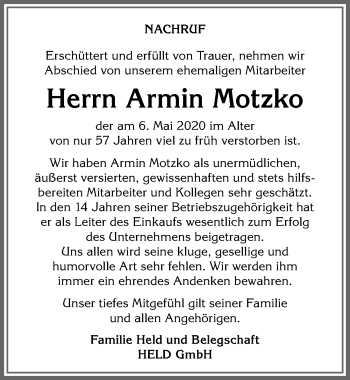 Traueranzeige von Armin Motzko von Allgäuer Anzeigeblatt