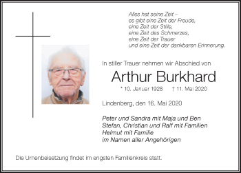 Traueranzeige von Arthur Burkhard von Der Westallgäuer