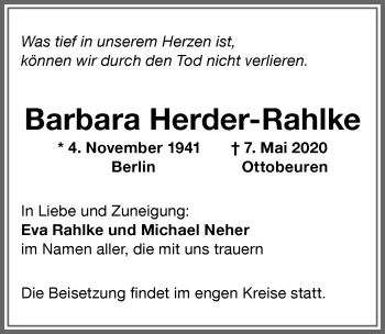 Traueranzeige von Barbara Herder-Rahlke von Memminger Zeitung