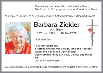 Traueranzeige von Barbara Zickler von Allgäuer Zeitung, Marktoberdorf