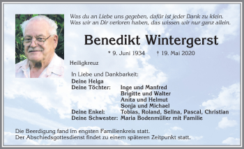 Traueranzeige von Benedikt Wintergerst von Allgäuer Zeitung,Kempten