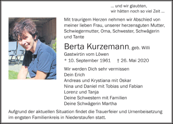 Traueranzeige von Berta Kurzemann von Der Westallgäuer