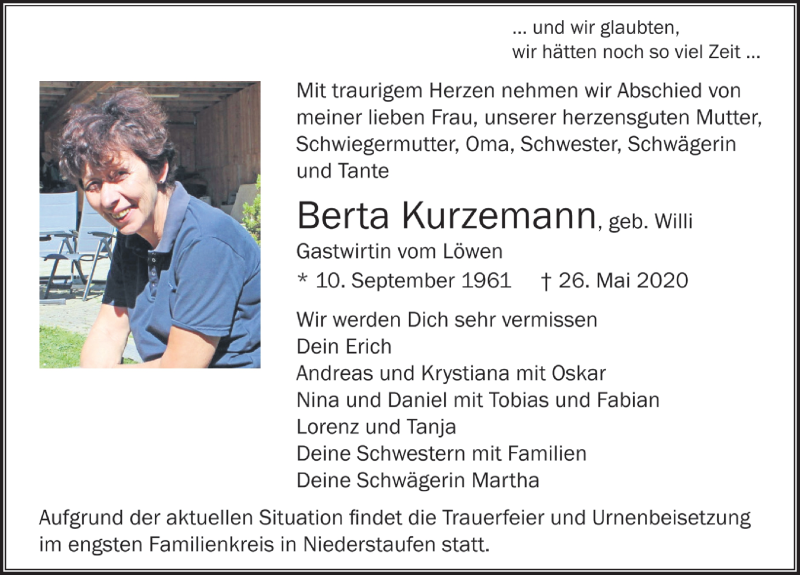 Traueranzeige für Berta Kurzemann vom 29.05.2020 aus Der Westallgäuer