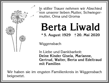 Traueranzeige von Berta Liwald von Allgäuer Zeitung,Kempten