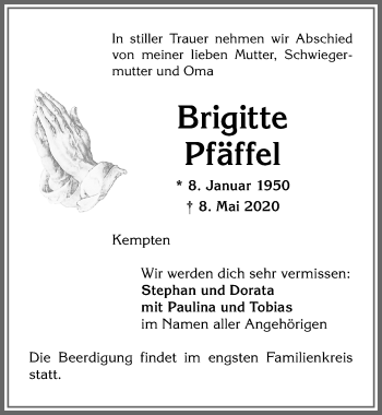 Traueranzeige von Brigitte Pfäffel von Allgäuer Zeitung,Kempten